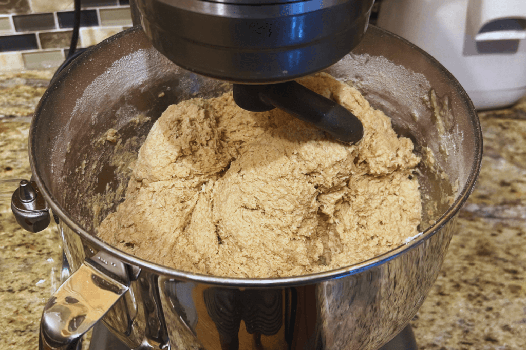 bread dough in a mixer
