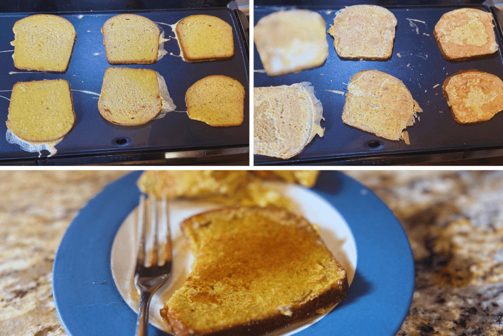 cooking french toast on a griddle and a bite out of one piece