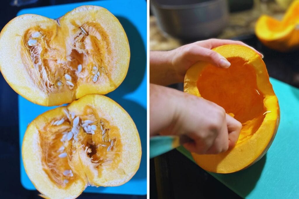 scooping seeds from pumpkin
