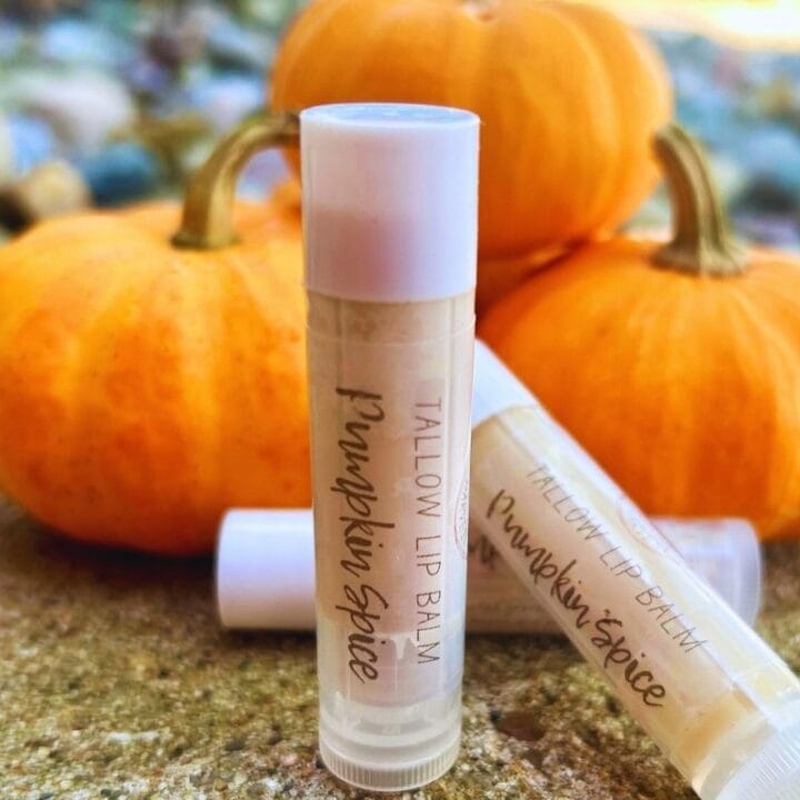 finished and labelled pumpkin spice tallow lip balm tubes in front of pumpkins