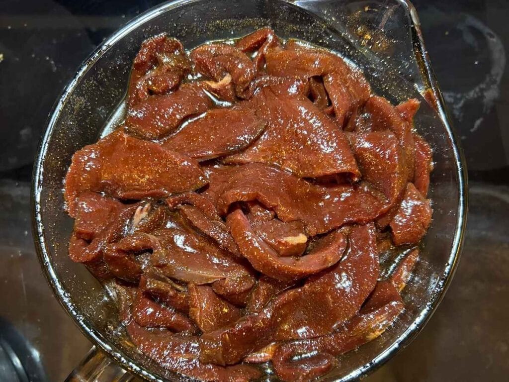 marinaded beef heart slices
