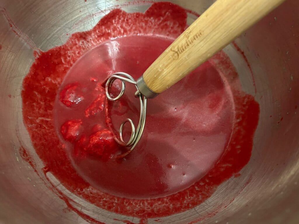 danish whisk in bwol with beet juice and sourdough discard