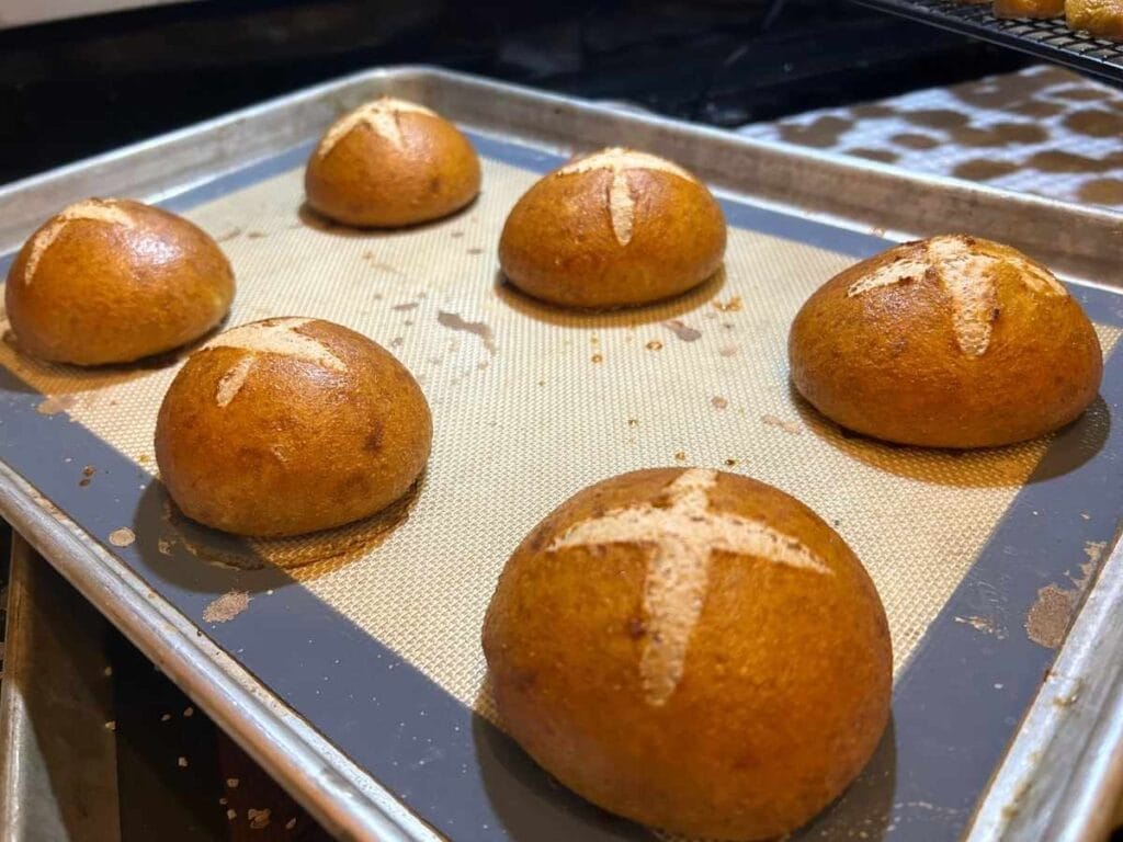 baked sourdough pretzel buns