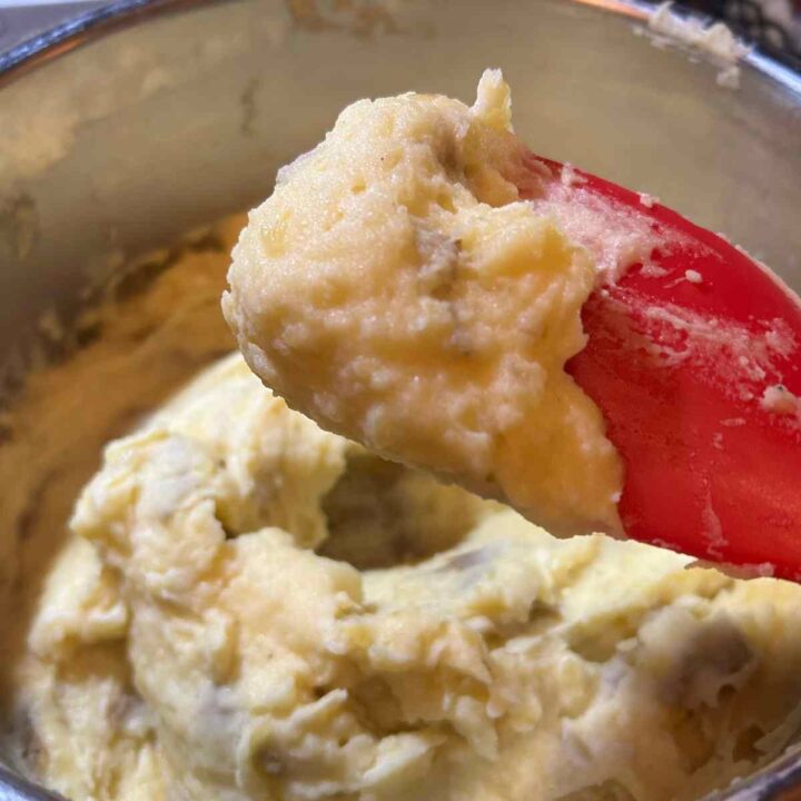 red spatula holding up some mashed potatoes