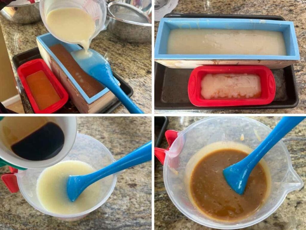 steps to mixing and pouring the second layer of sugar soap batter