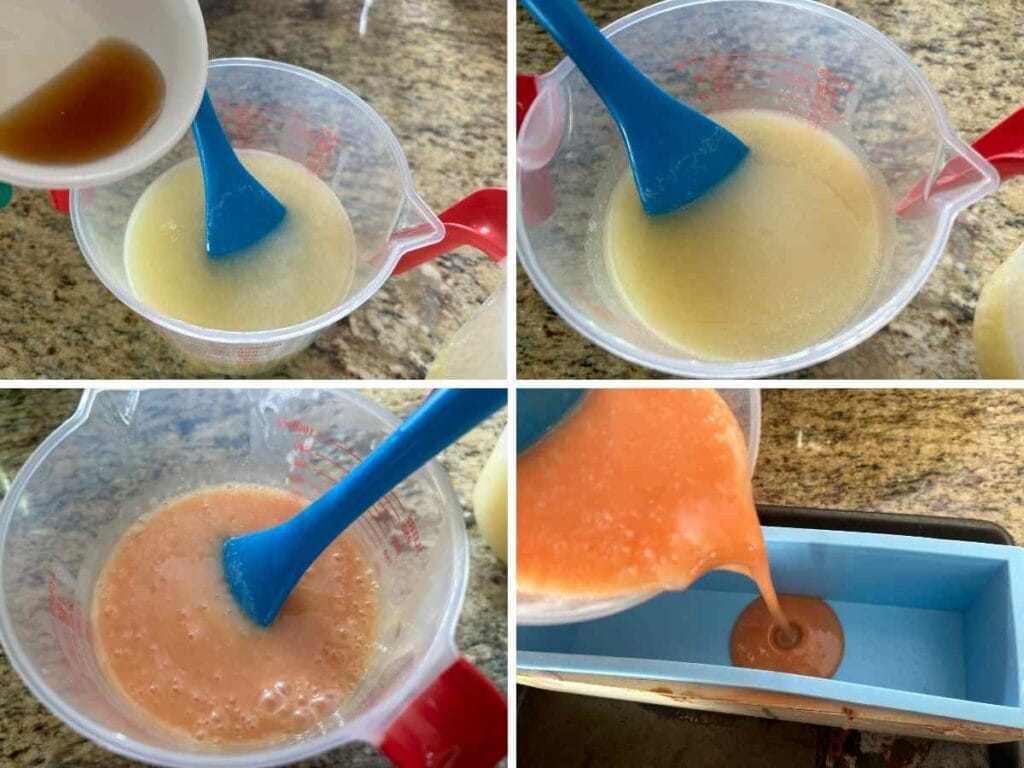 steps to mixing syrup with soap batter in a measuring cup
