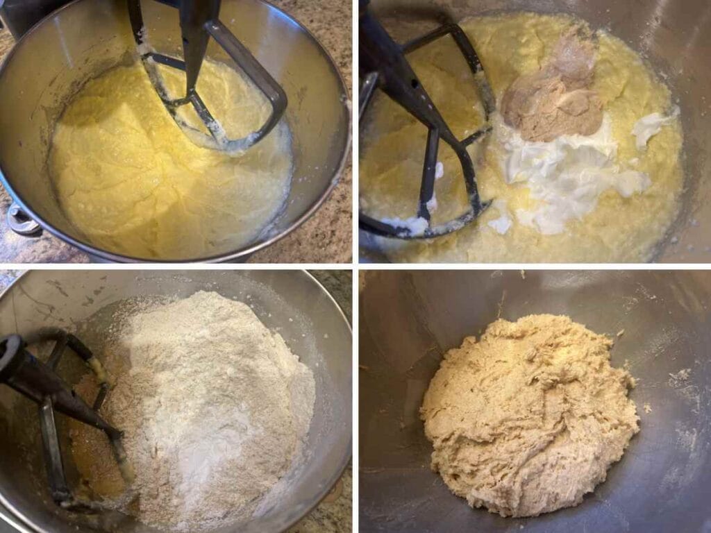 steps to mixing sourdough sugar cookie dough in a mixer
