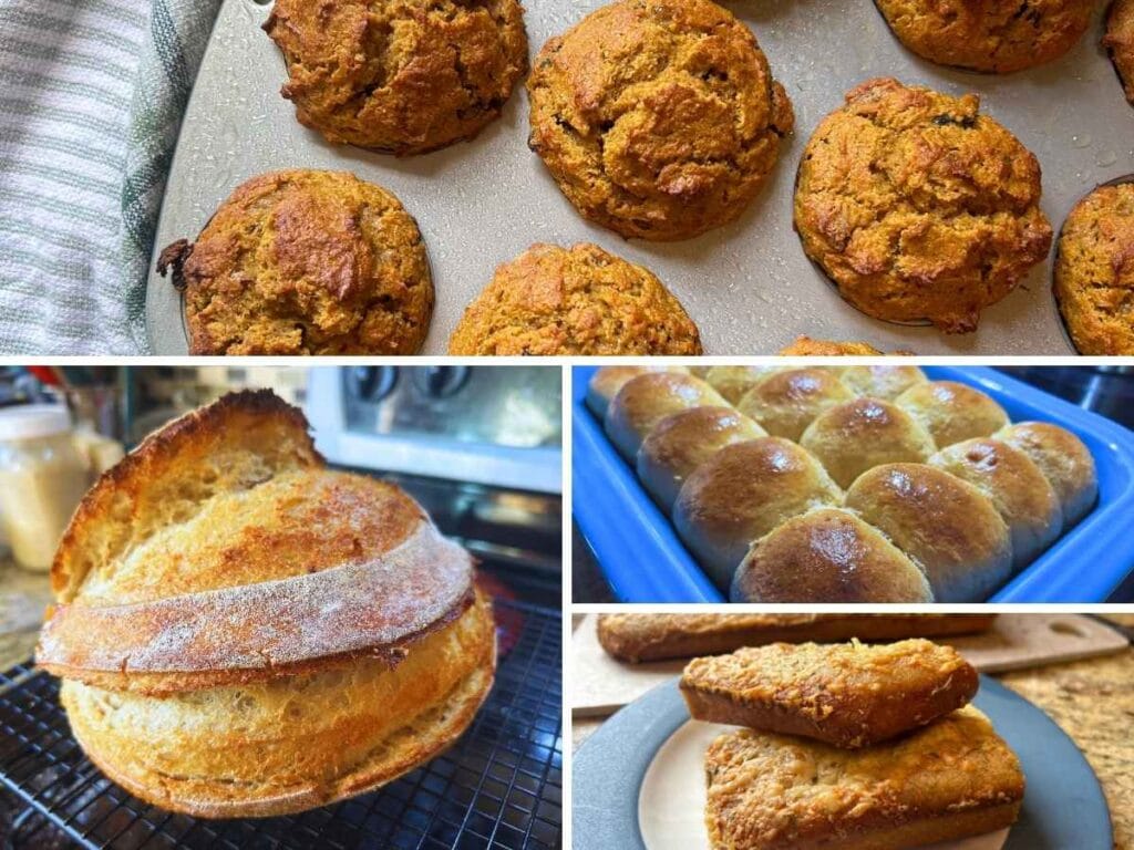 collage of fresh baked breads and muffins