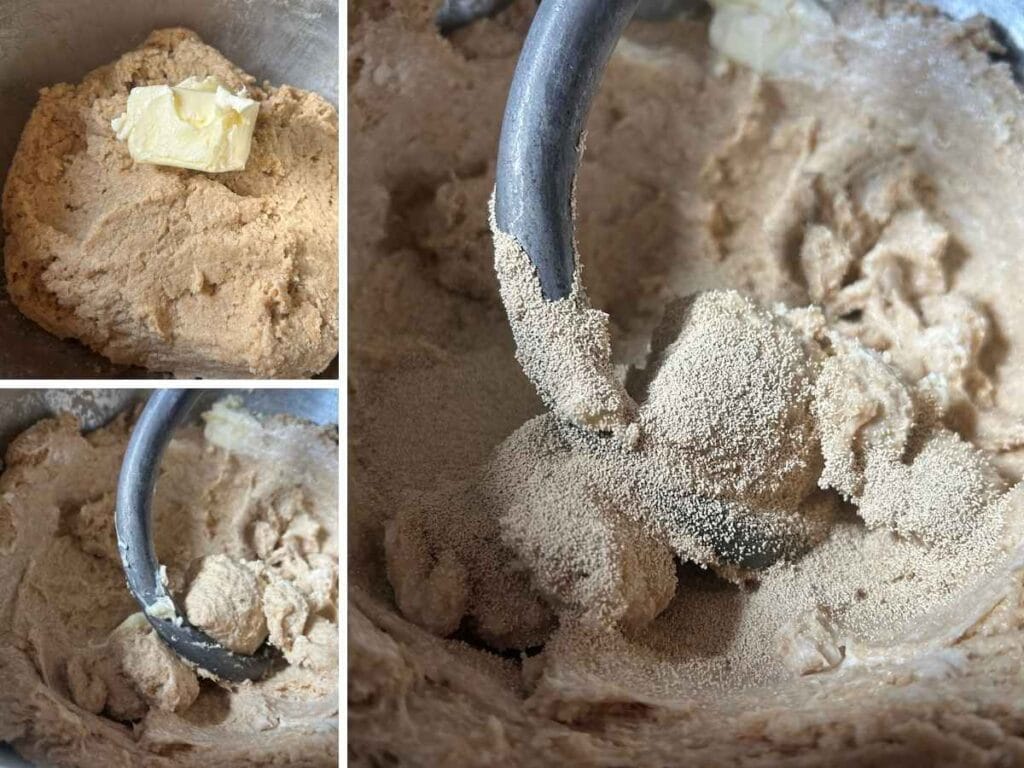 adding butter and yeast to dough in a mixer