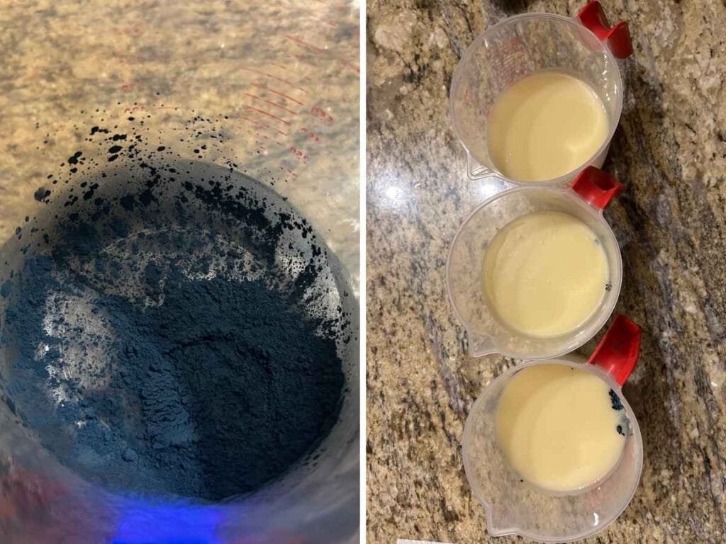 blue powder next to three containers filled with white soap batter