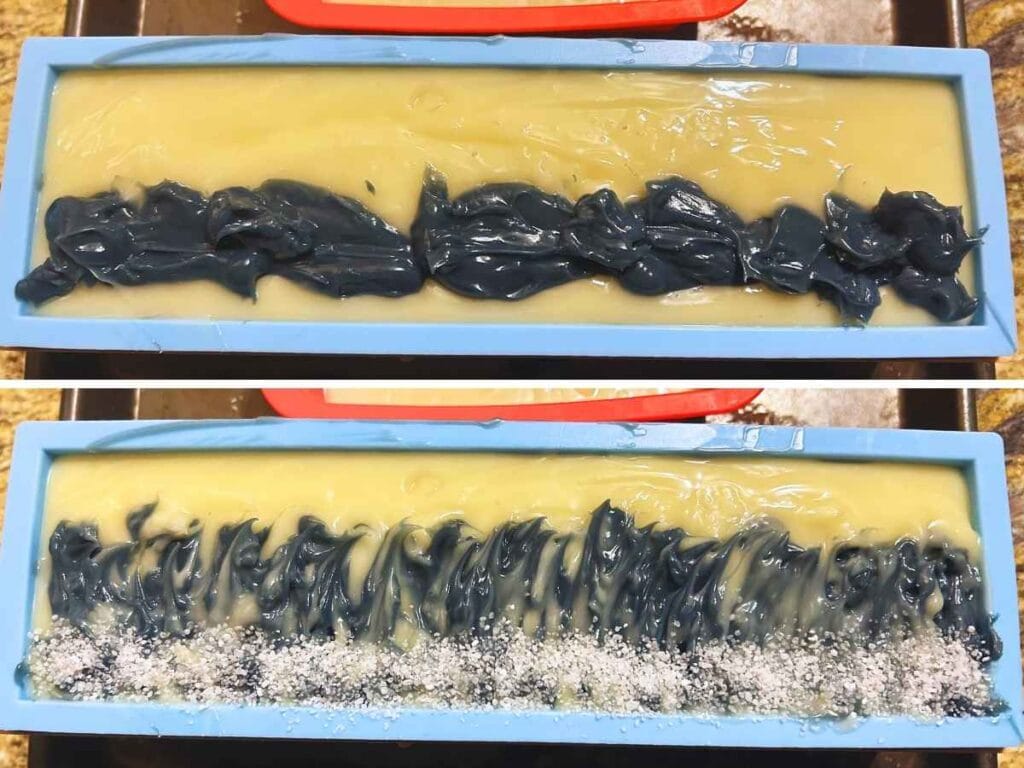 eucalyptus mint soap in the loaf mold with blue swirls and white dead seat salt on top