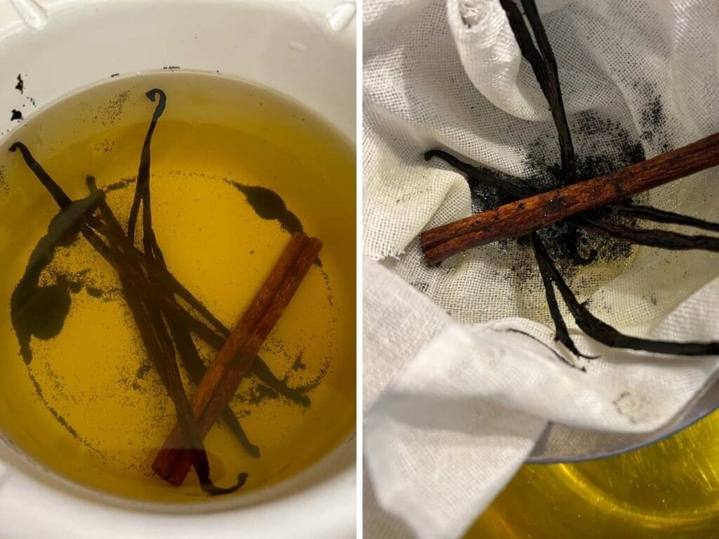 vanilla beans and cinnamon sticks in a yellow liquid and being strained out