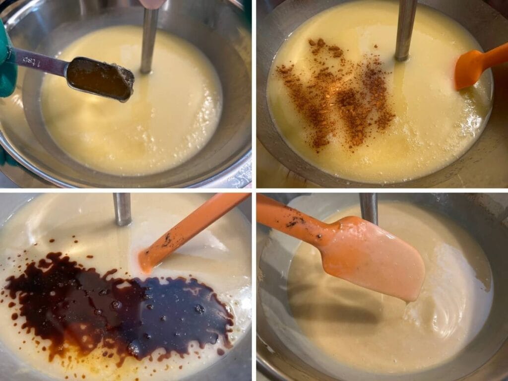 steps to adding honey, cinnamon, and oils to soap batter