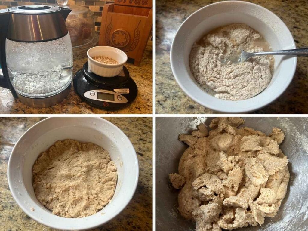 A collage of four photos showing the process of making Yudane.