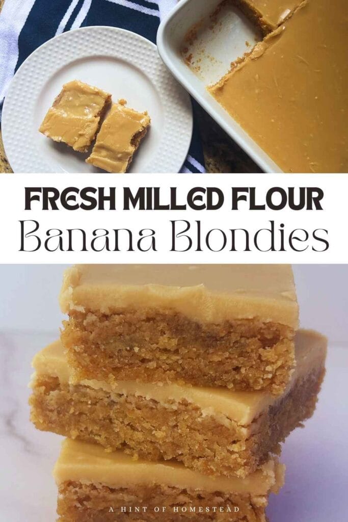 fresh milled flour banana blondies pinterest image with stacked bars and full pan