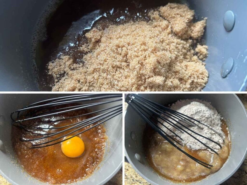 steps showing adding the ingredients to a batter with butter, brown sugar, egg, and flour