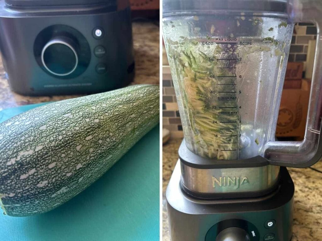 a medium zucchini and then a food processor showing shredded zucchini