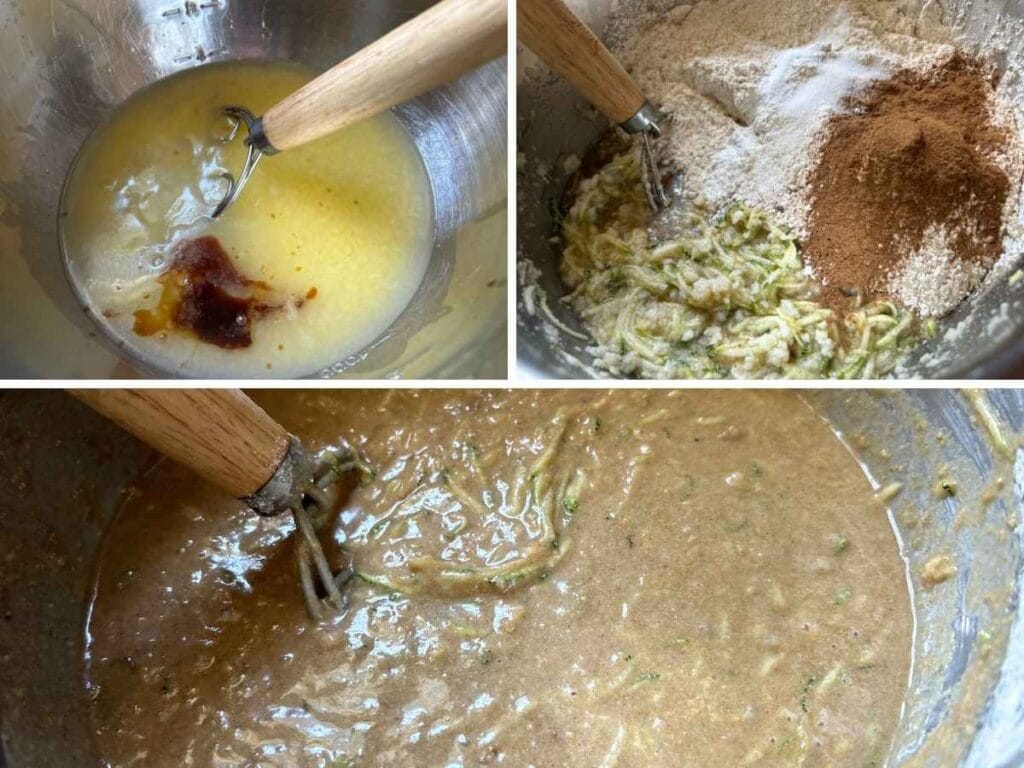 steps showing mixing up the ingredients for zucchini muffins