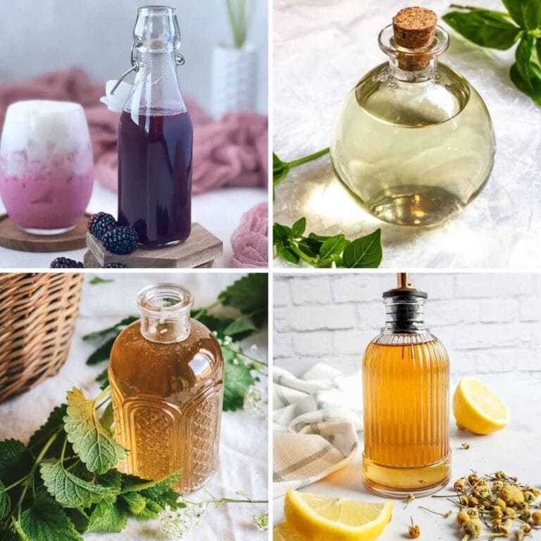 collage of four different herbal simple syrups