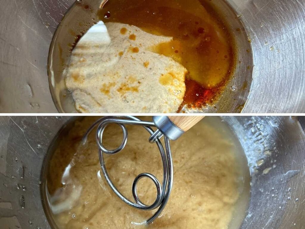 mixing together sourdough discard, honey, vanilla, and coconut oil with a danish wishk