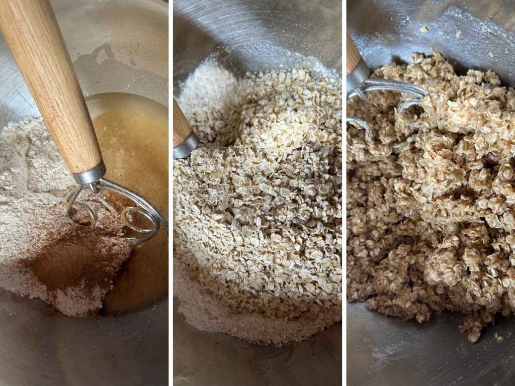 whisking together wet ingredients with flour, cinnamon, and oats to form a batter