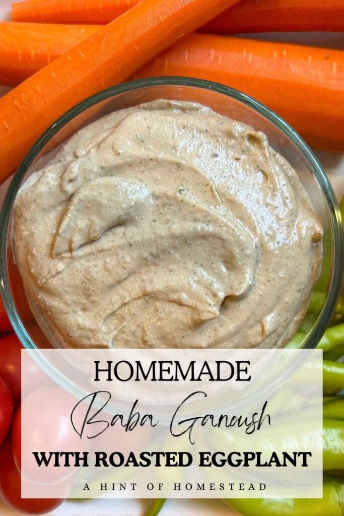 bowl of baba ghanoush surrounded by fresh vegetables for a pinterest image