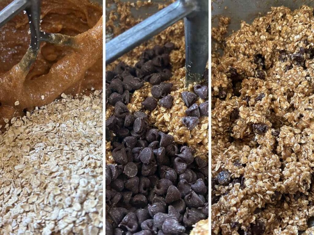 steps to mixing dough for gluten free monster cookies including adding oats, chocolate chips, and the final batter