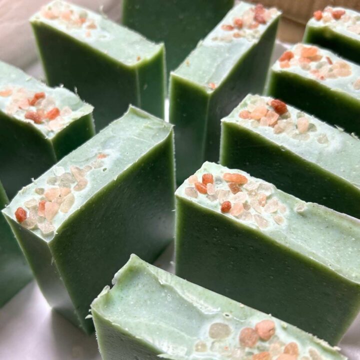 bars of rosemary and mint tallow soap topped with Himalayan salt