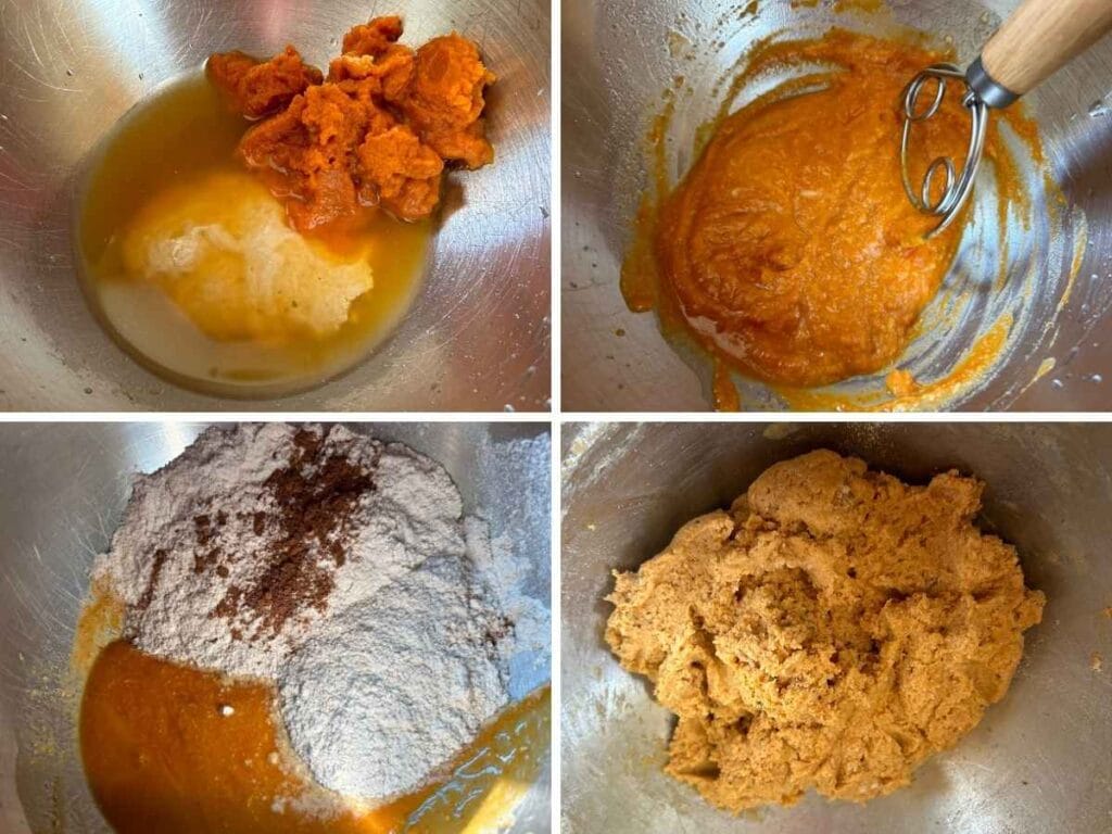 process of mixing dough for pumpkin pie focaccia in metal bowl