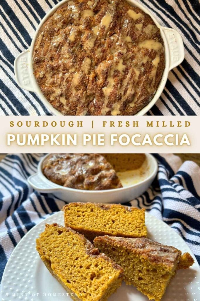 pinterest image of a whole sourdough pumpkin pie focaccia loaf over an image of slices