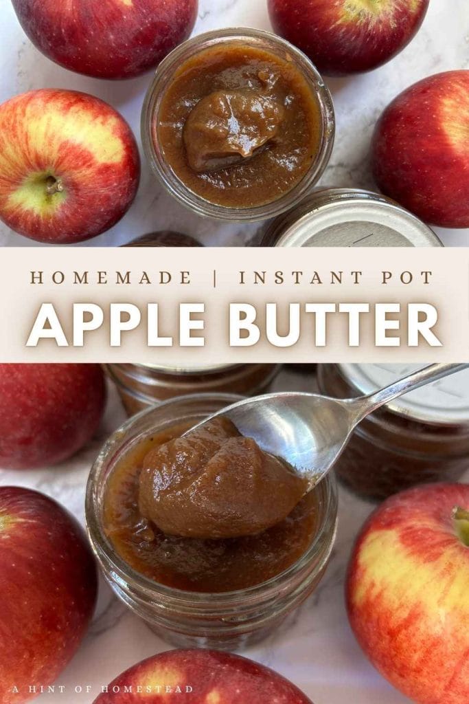a spoon in a jar of apple butter surrounded by red apples and canned jars for pinterest image