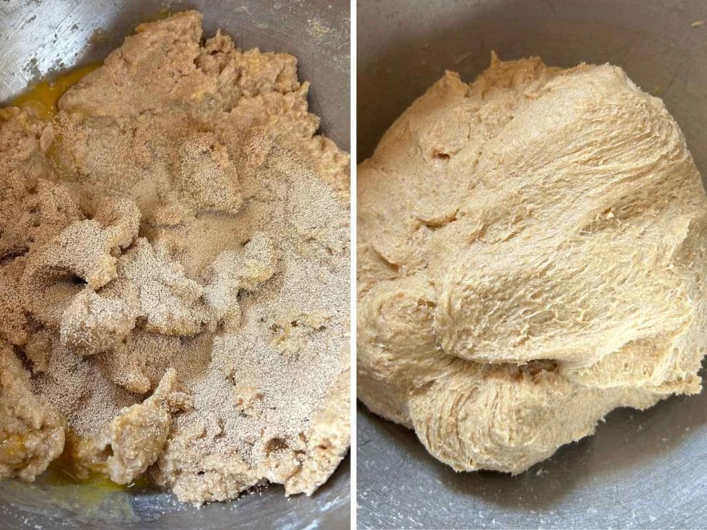 yeast sprinkled over dough next to an image of kneaded dough