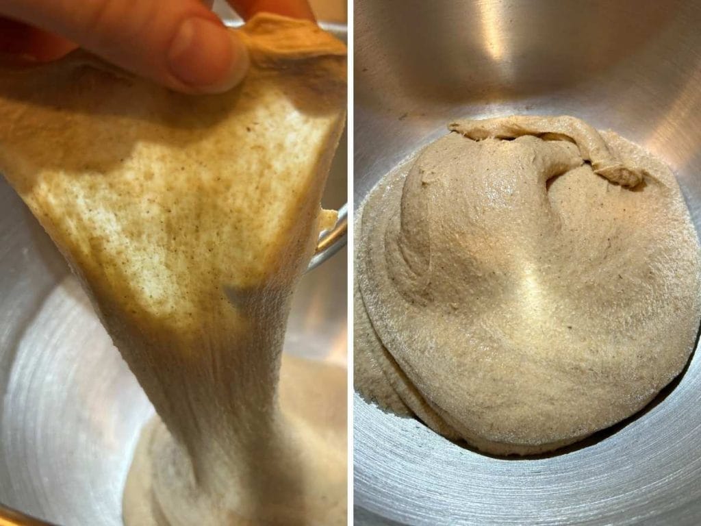 side by side shots showing windowpane and kneaded dough