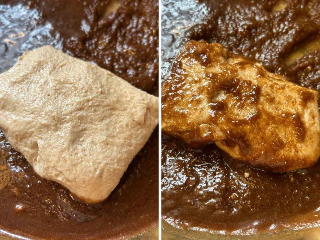 process shots of coating sourdough pieces with a cinnamon sugar oil