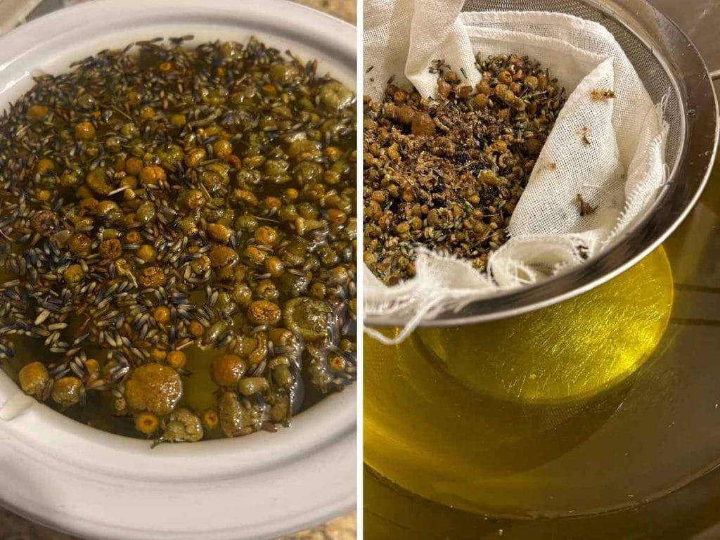 chamomile and lavender flowers infusing in a crockpot full of tallow and then the same fat being strained through cheesecloth into a stainless steel bowl