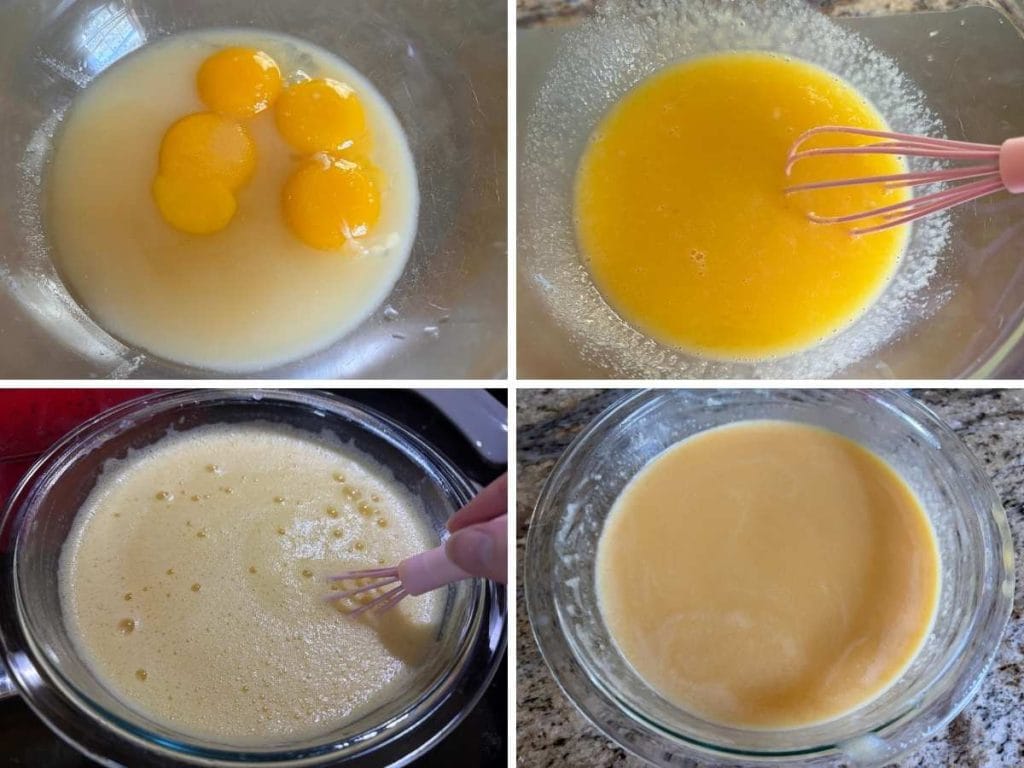 mixing eggs with blended peaches before cooking to making peach curd
