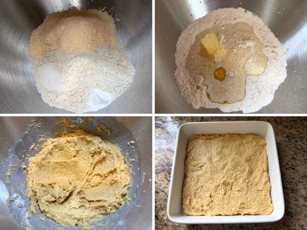 images showing the steps for mixing ingredients to make a cake batter